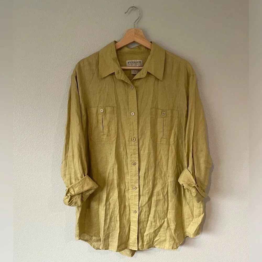 NY Khakis 100% Linen button down shirt size Large